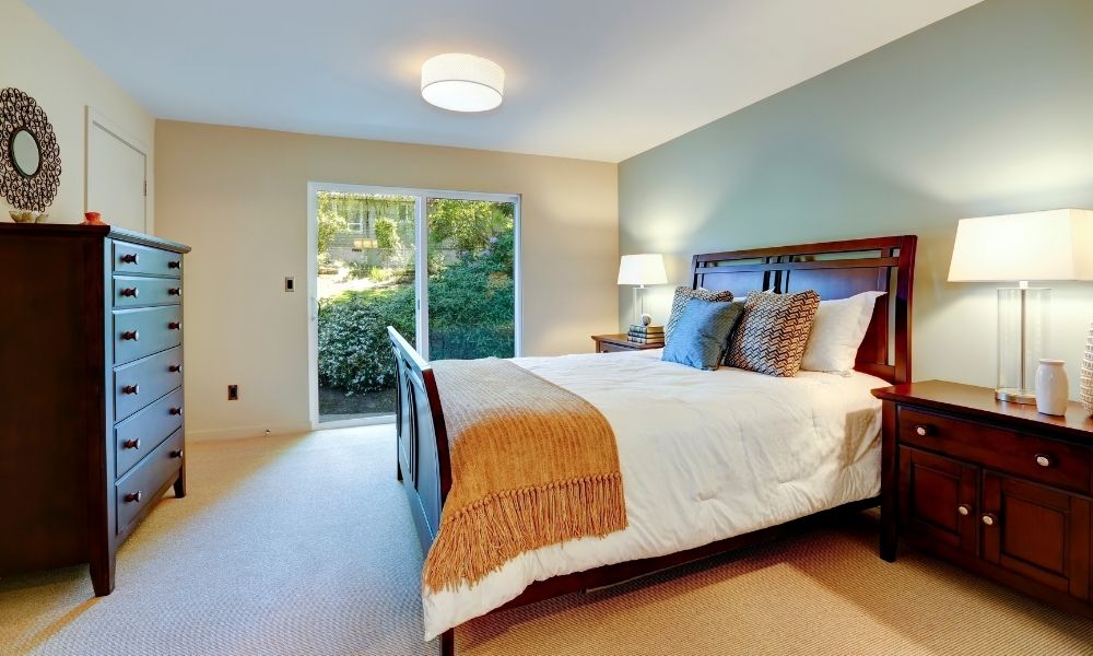 Wooden framed bedroom set and vanity and shelves
