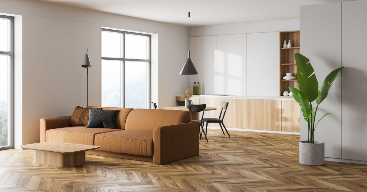 By the window, wooden living Room table with 6 chairs around